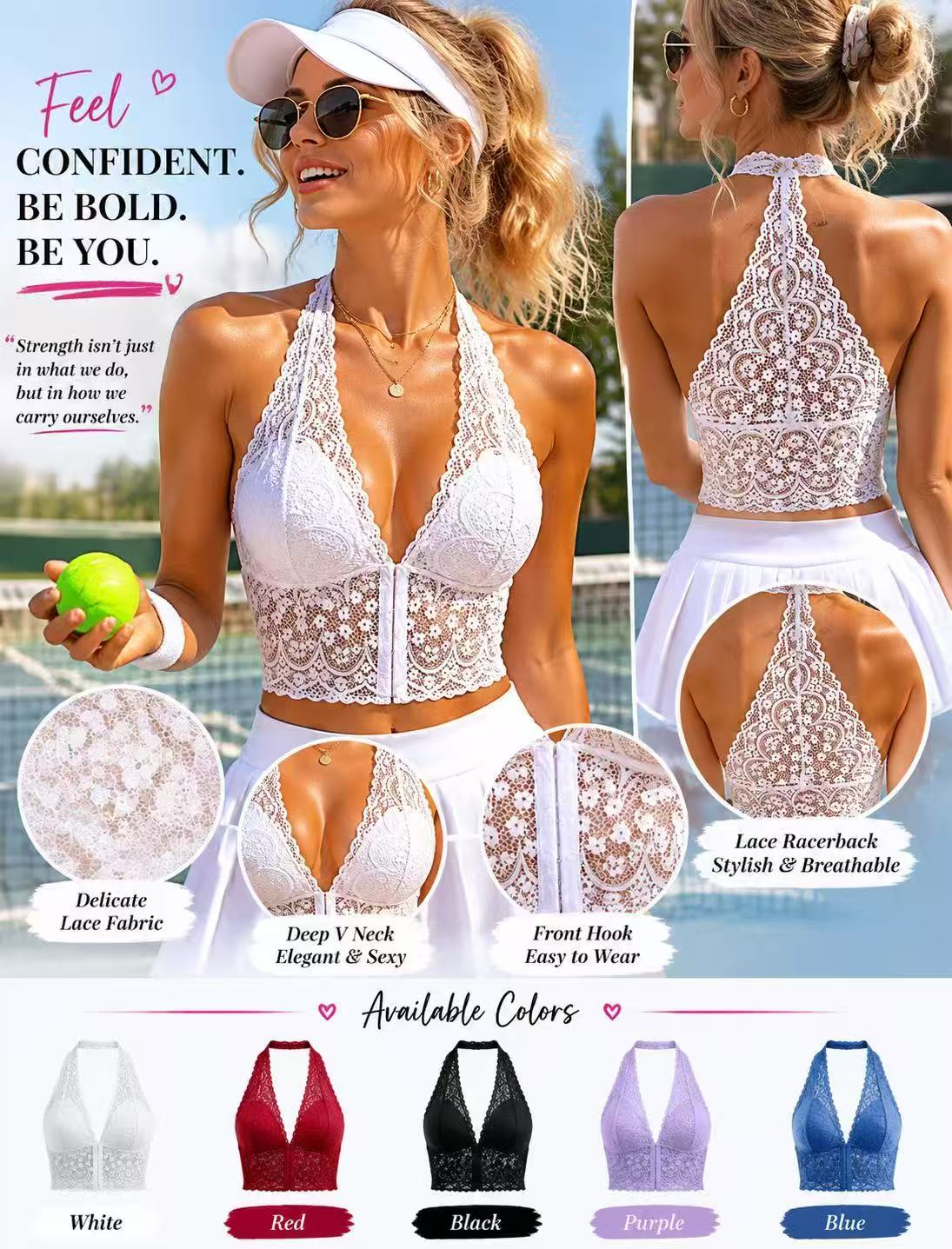 Lace Halter Tennis Bra Top | Deep V-Neck Front Hook Racerback
